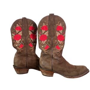 El General Womens 9.5 Brown Suede Floral Embroidered Square Toe Western Boots